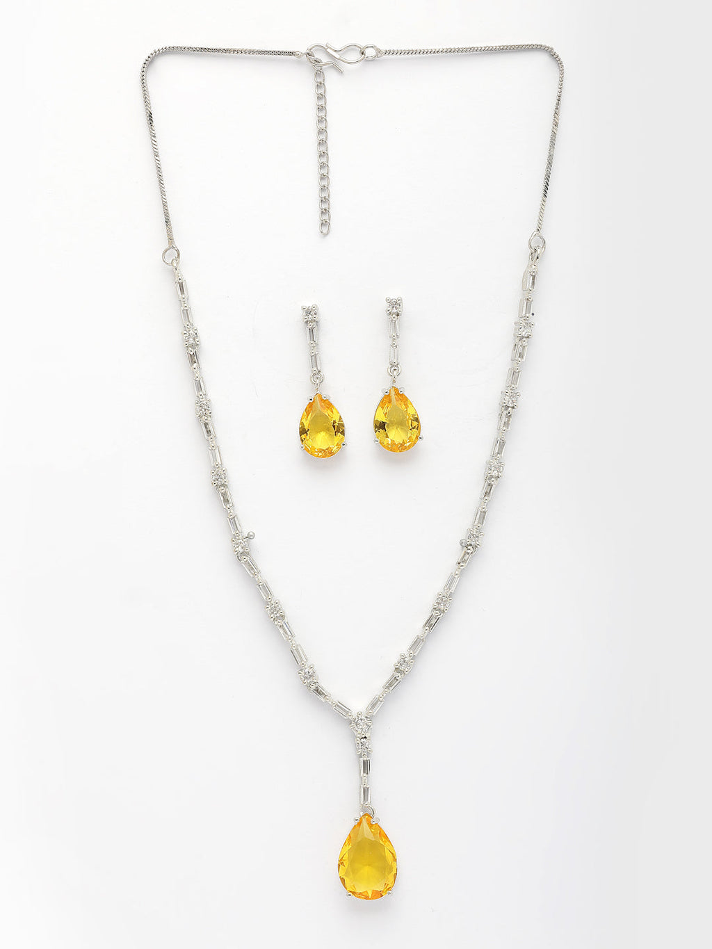 NVR Women's Silver-Plated Yellow American Diamond-Studded Handcrafted Jewellery Set