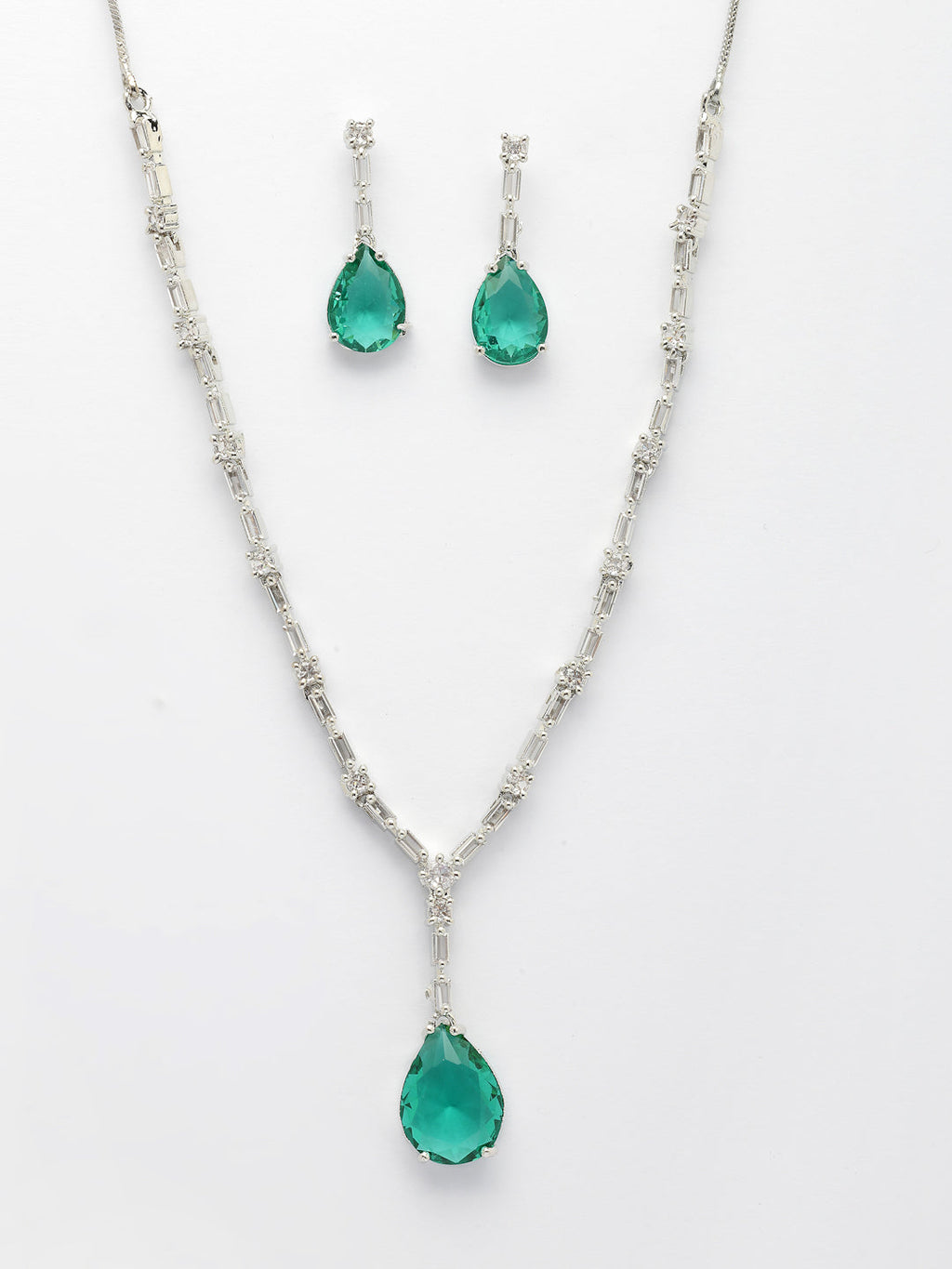 NVR Women's Silver-Plated Green American Diamond-Studded Handcrafted Jewellery Set