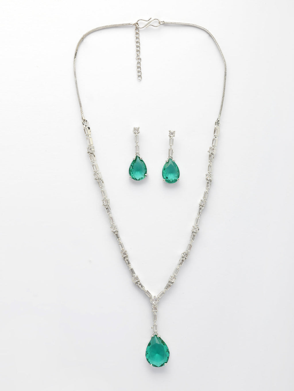 NVR Women's Silver-Plated Green American Diamond-Studded Handcrafted Jewellery Set