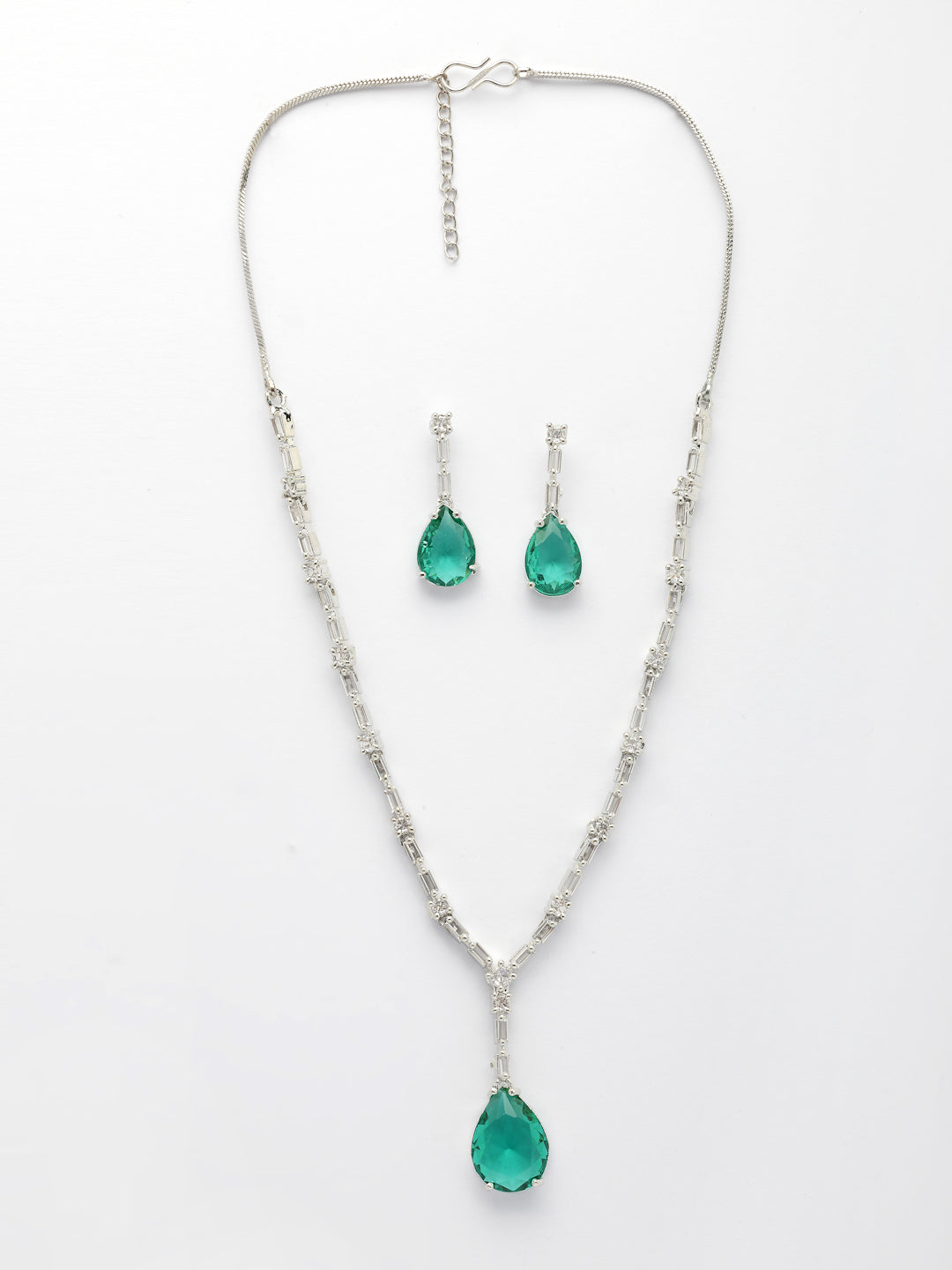NVR Women's Silver-Plated Green American Diamond-Studded Handcrafted Jewellery Set