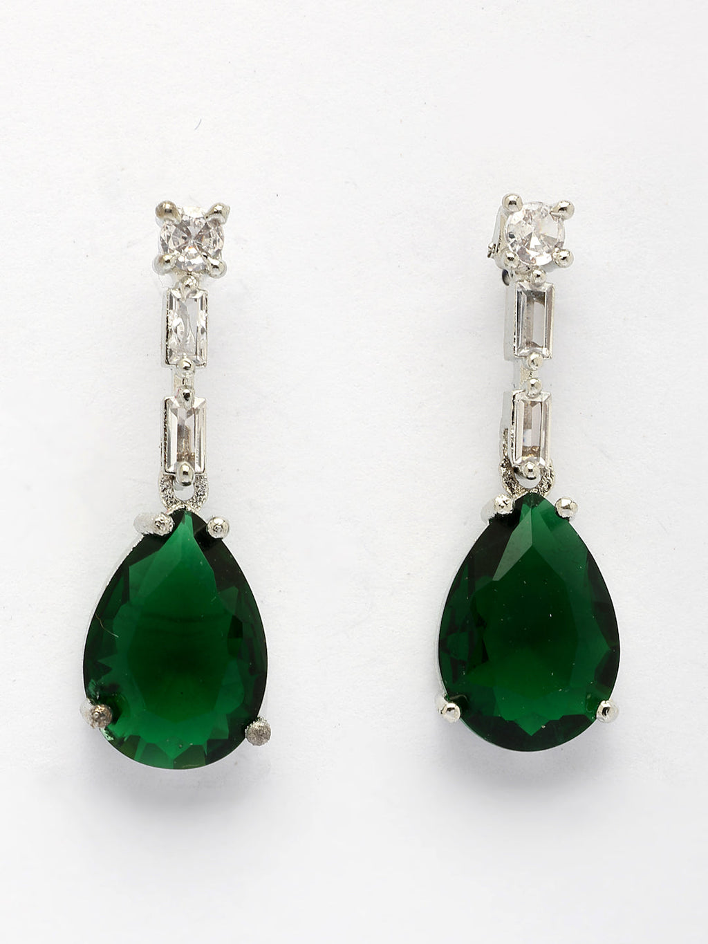 NVR Women's Silver-Plated Dark Green American Diamond-Studded Handcrafted Jewellery Set