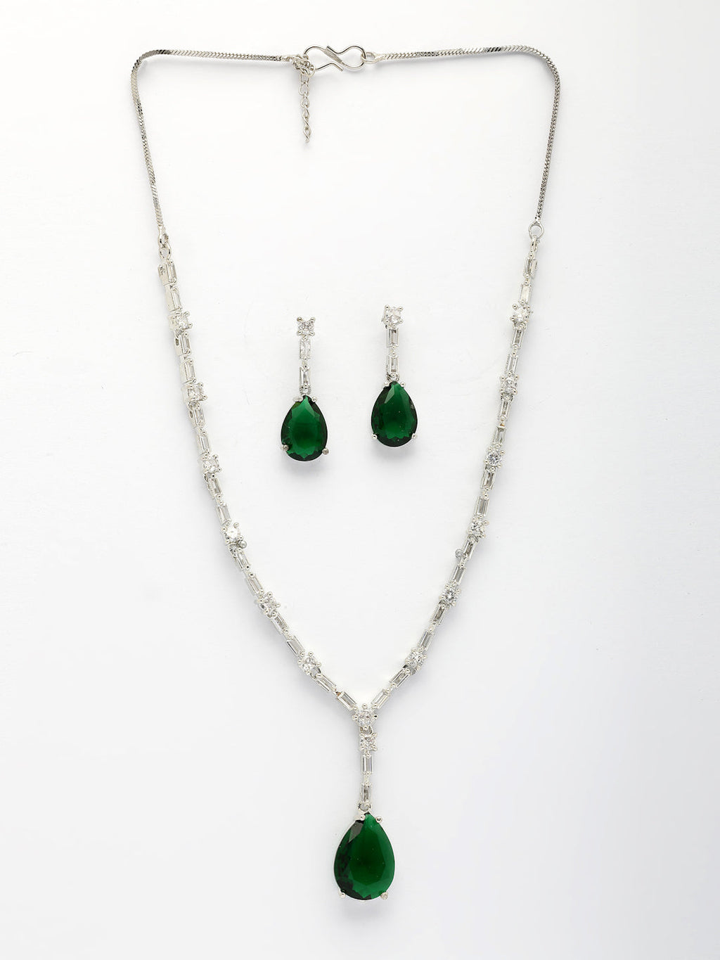 NVR Women's Silver-Plated Dark Green American Diamond-Studded Handcrafted Jewellery Set