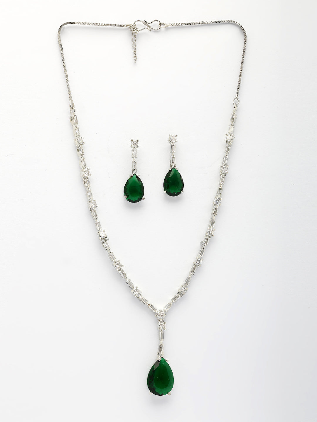 NVR Women's Silver-Plated Dark Green American Diamond-Studded Handcrafted Jewellery Set