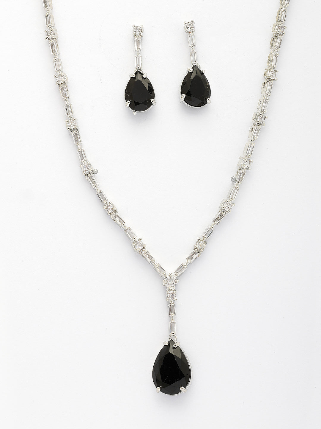 NVR Women's Silver-Plated Black American Diamond-Studded Handcrafted Jewellery Set