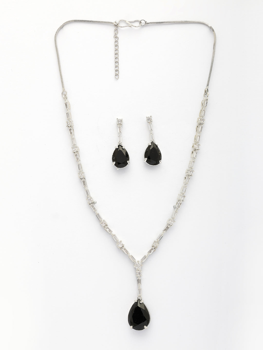 NVR Women's Silver-Plated Black American Diamond-Studded Handcrafted Jewellery Set