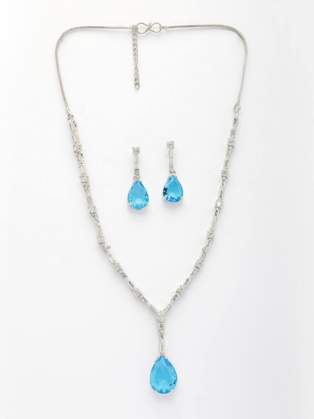 NVR Women's Silver-Plated Blue American Diamond-Studded Handcrafted Jewellery Set