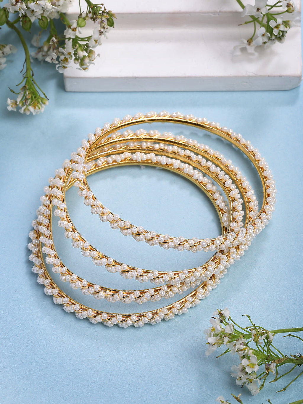 NVR Women Set of 4 Gold-Polished Pearls Handcrafted Traditional Bangles - Distacart