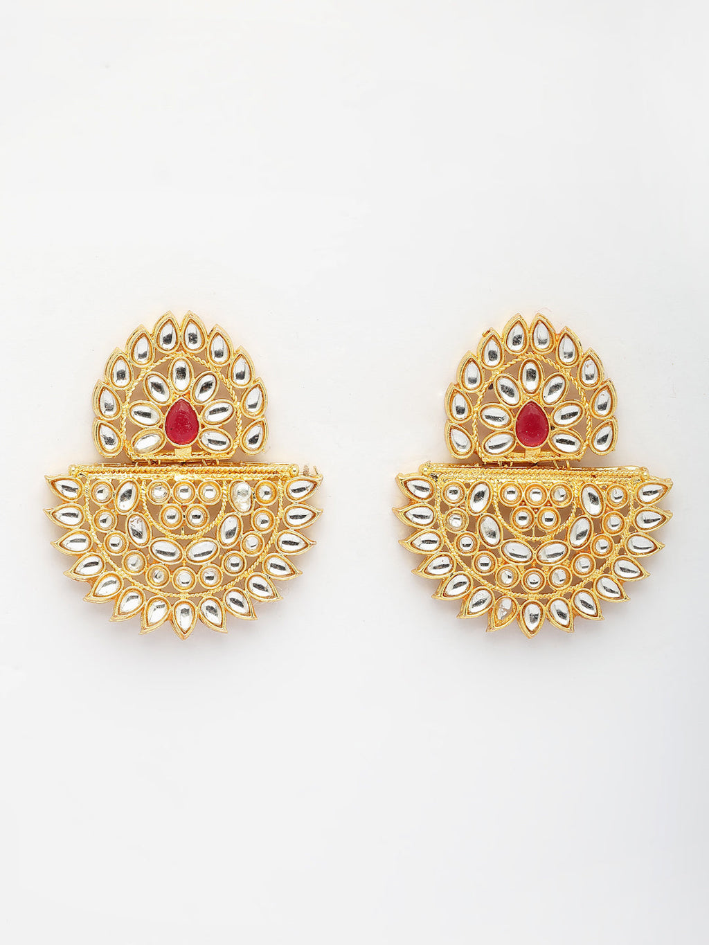 NVR Women's Gold Toned Red Stones & Kundan Studded Jewellery Set