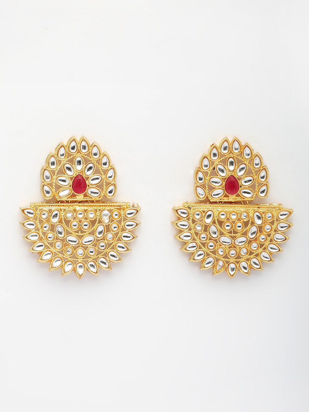 NVR Women's Gold Toned Red Stones & Kundan Studded Jewellery Set