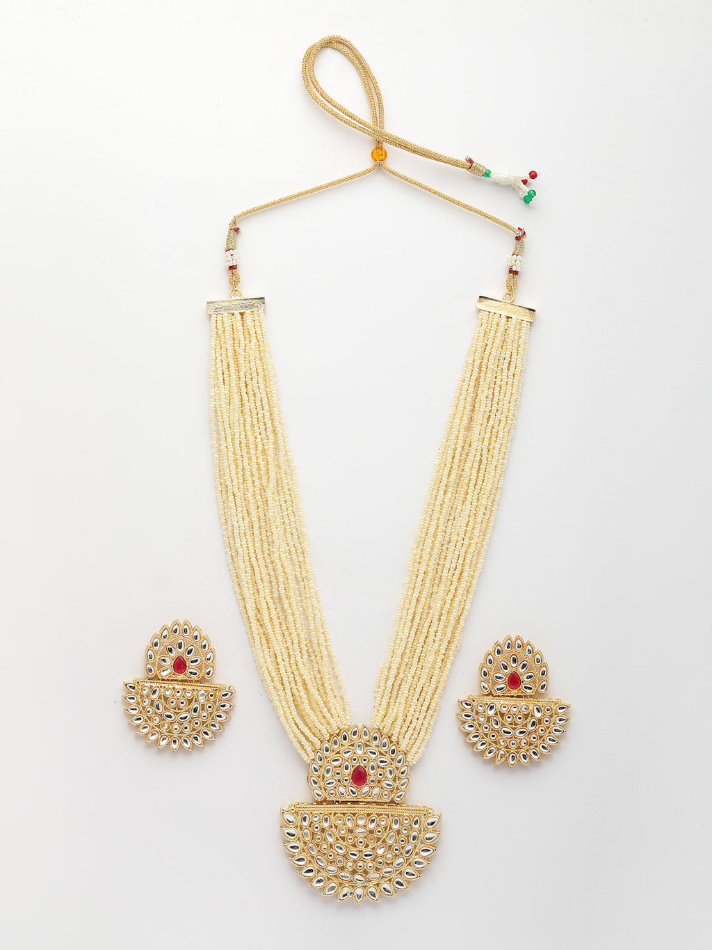 NVR Women's Gold Toned Red Stones & Kundan Studded Jewellery Set