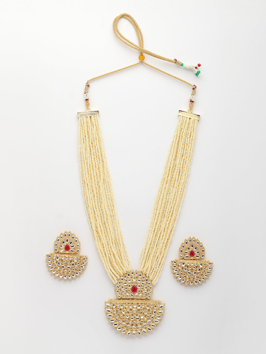 NVR Women's Gold Toned Red Stones & Kundan Studded Jewellery Set