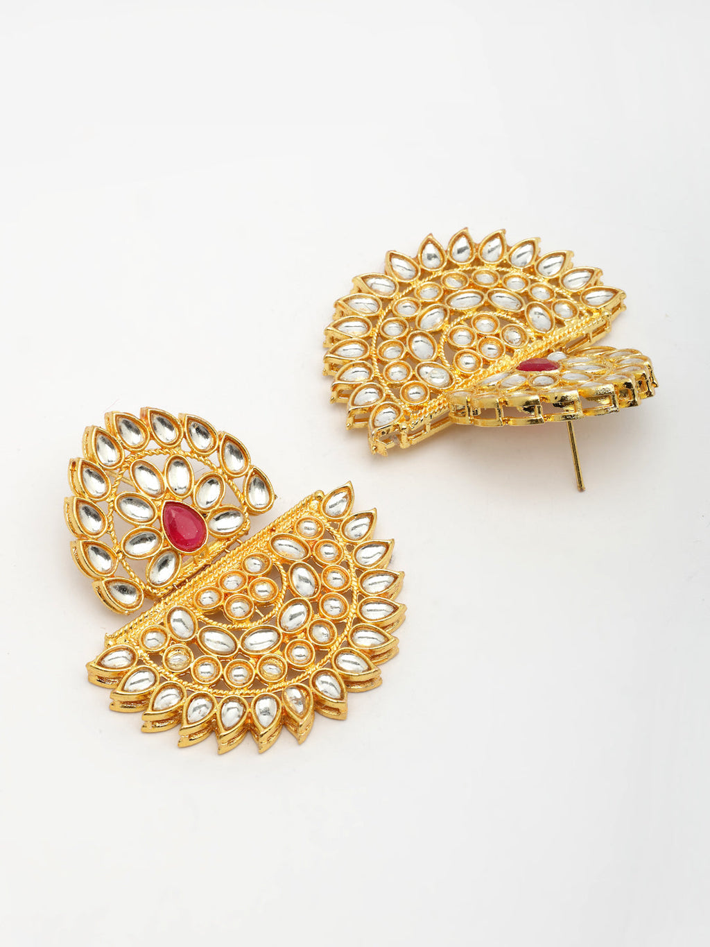 NVR Women's Gold Toned Red Stones & Kundan Studded Jewellery Set