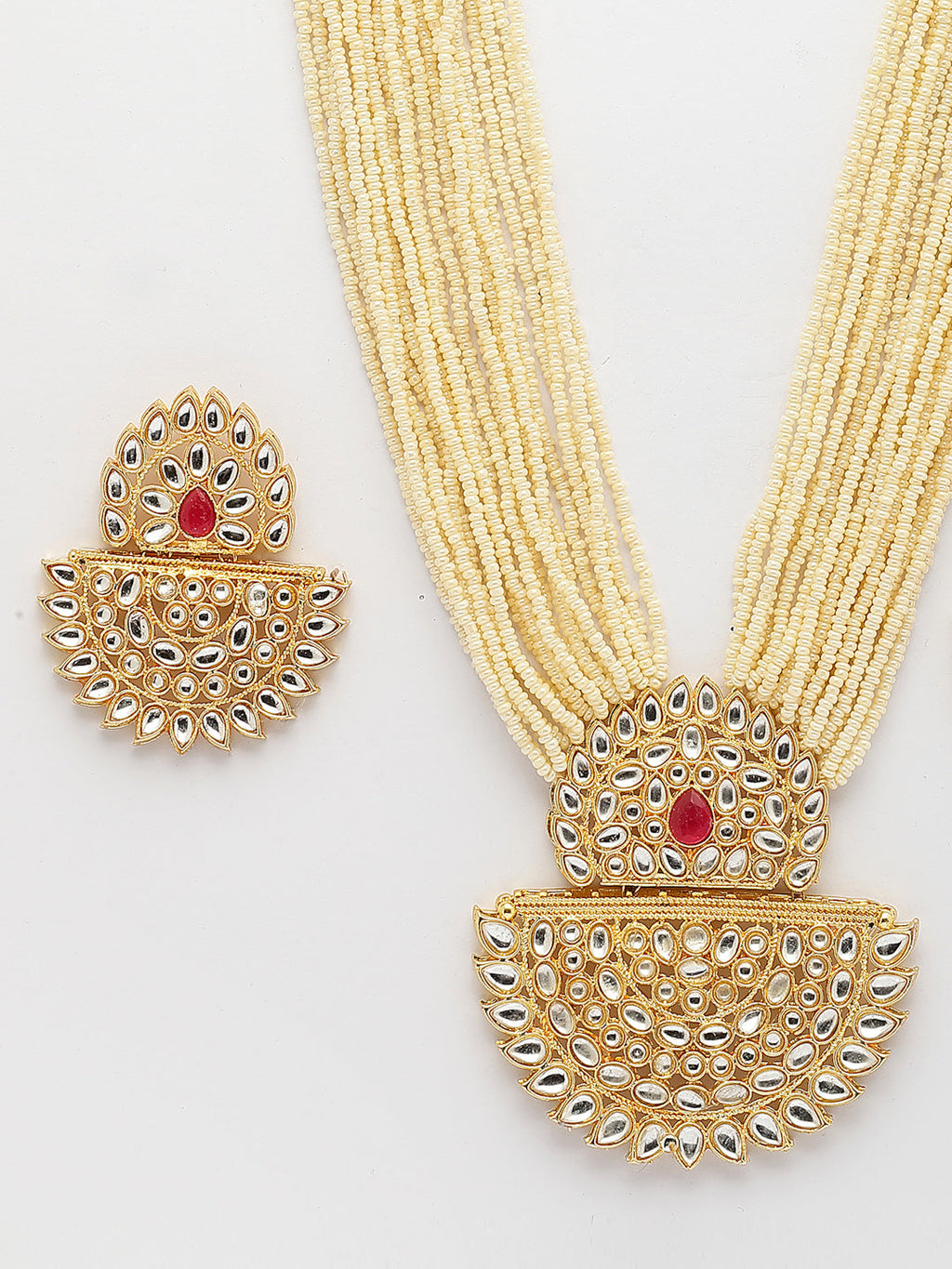 NVR Women's Gold Toned Red Stones & Kundan Studded Jewellery Set