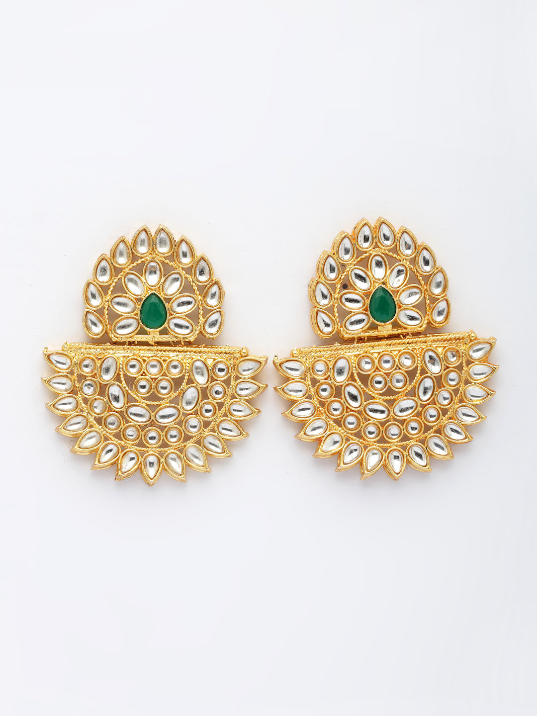 NVR Women's Gold Toned Green Stones & Kundan Studded Jewellery Set