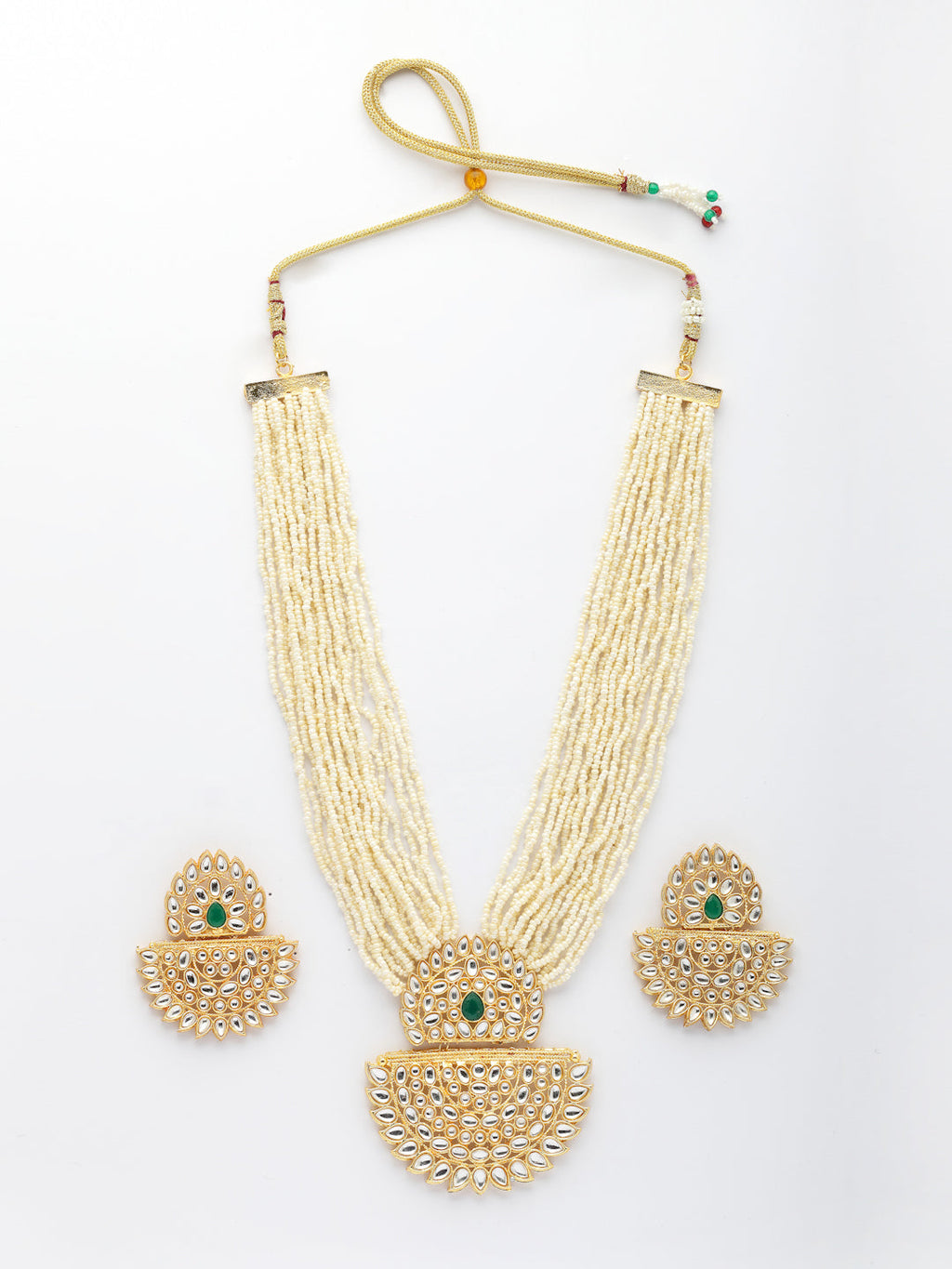 NVR Women's Gold Toned Green Stones & Kundan Studded Jewellery Set