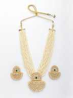 NVR Women's Gold Toned Green Stones & Kundan Studded Jewellery Set