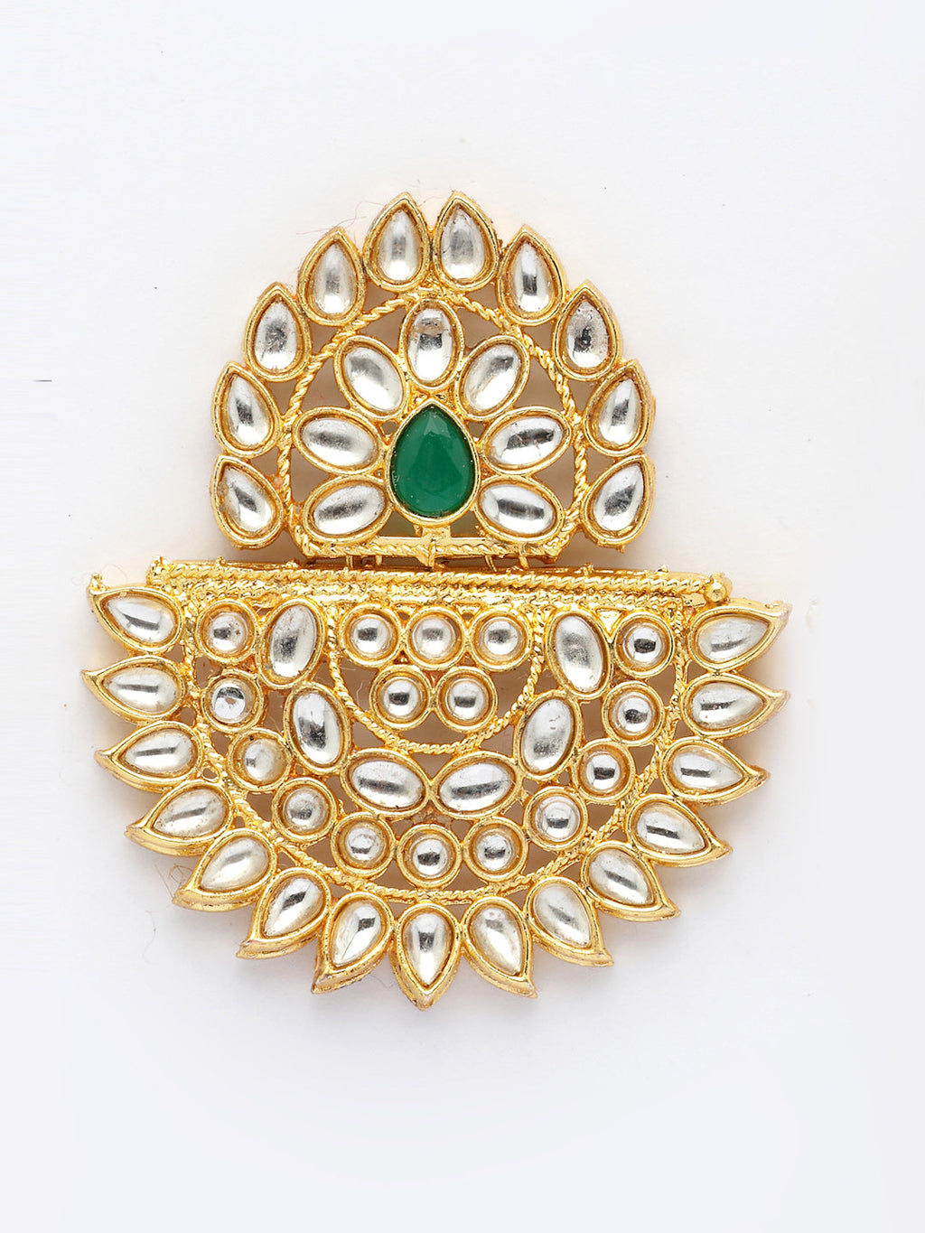NVR Women's Gold Toned Green Stones & Kundan Studded Jewellery Set