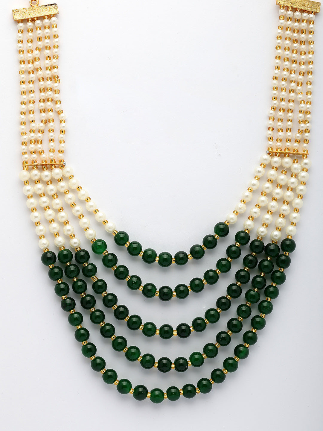 NVR Women Handcrafted Green & White Beaded Layered Necklace