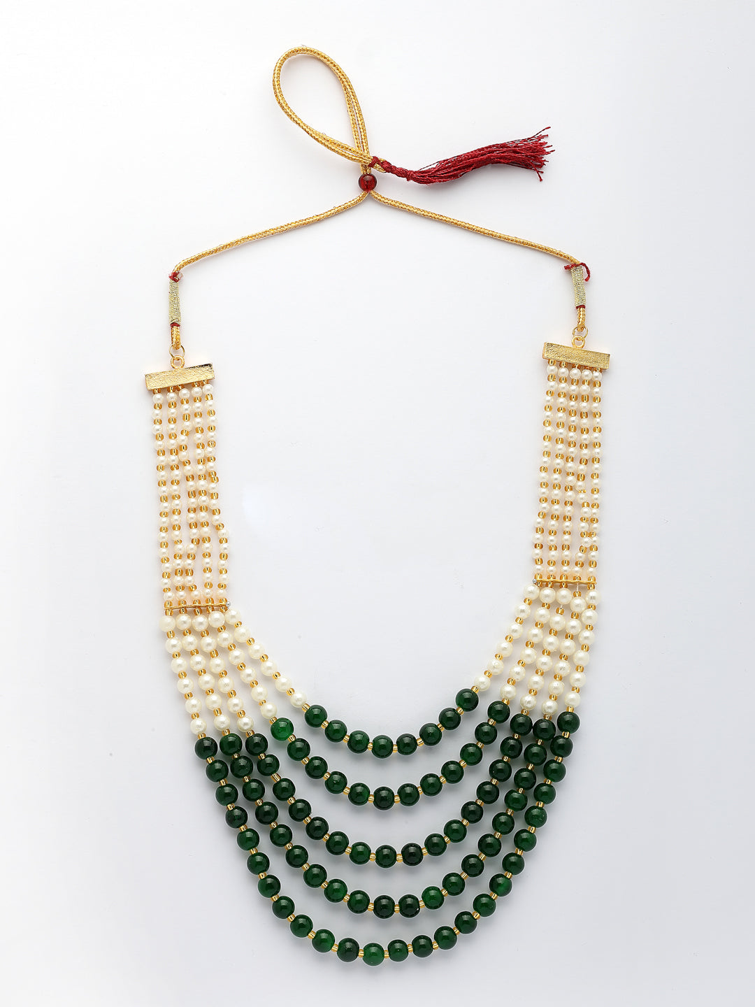NVR Women Handcrafted Green & White Beaded Layered Necklace