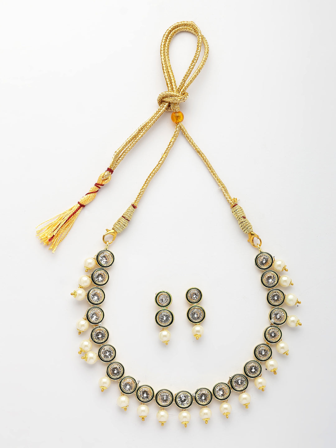 NVR Women Gold-Polished Round Shape Kundan Studded Short Jewellery Set