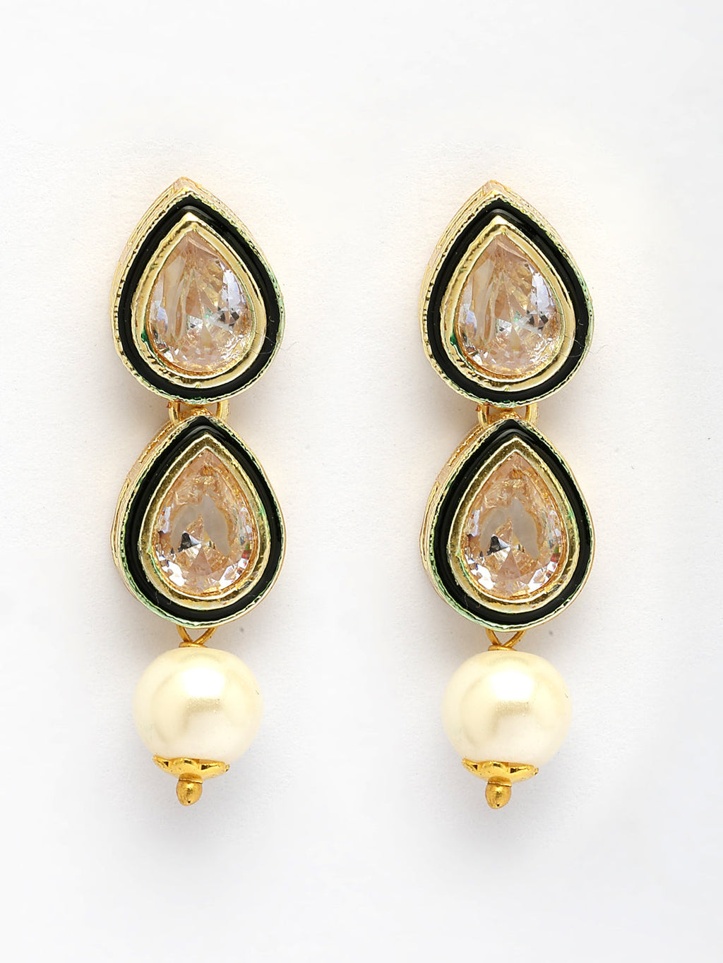 NVR Women Gold-Polished Pear Shape Kundan Studded Short Jewellery Set