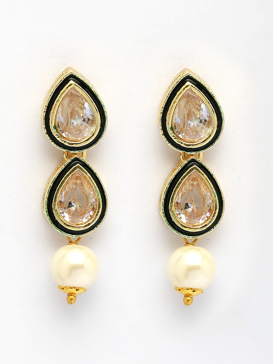 NVR Women Gold-Polished Pear Shape Kundan Studded Short Jewellery Set