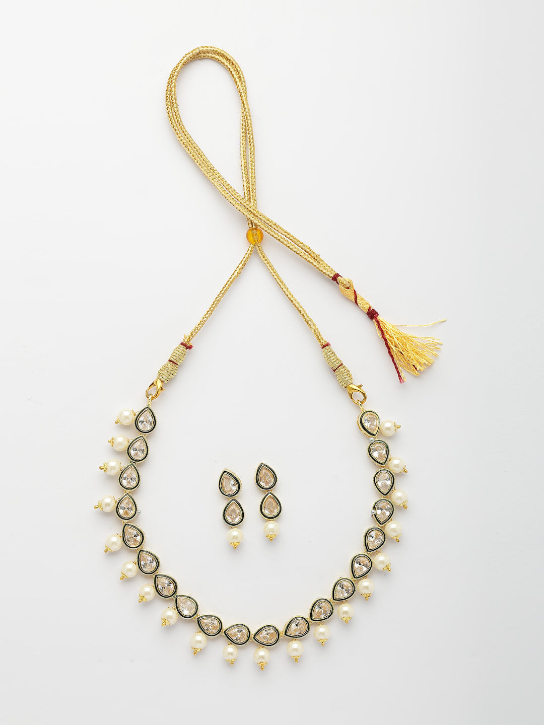 NVR Women Gold-Polished Pear Shape Kundan Studded Short Jewellery Set