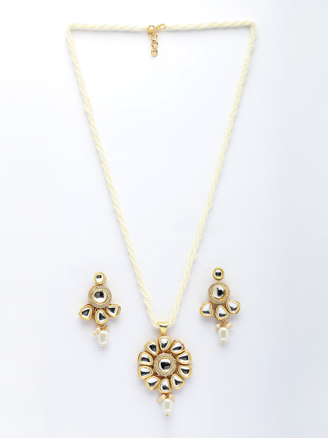 NVR Women Gold-Polished Kundan Studded & Pearls Long Jewellery Set