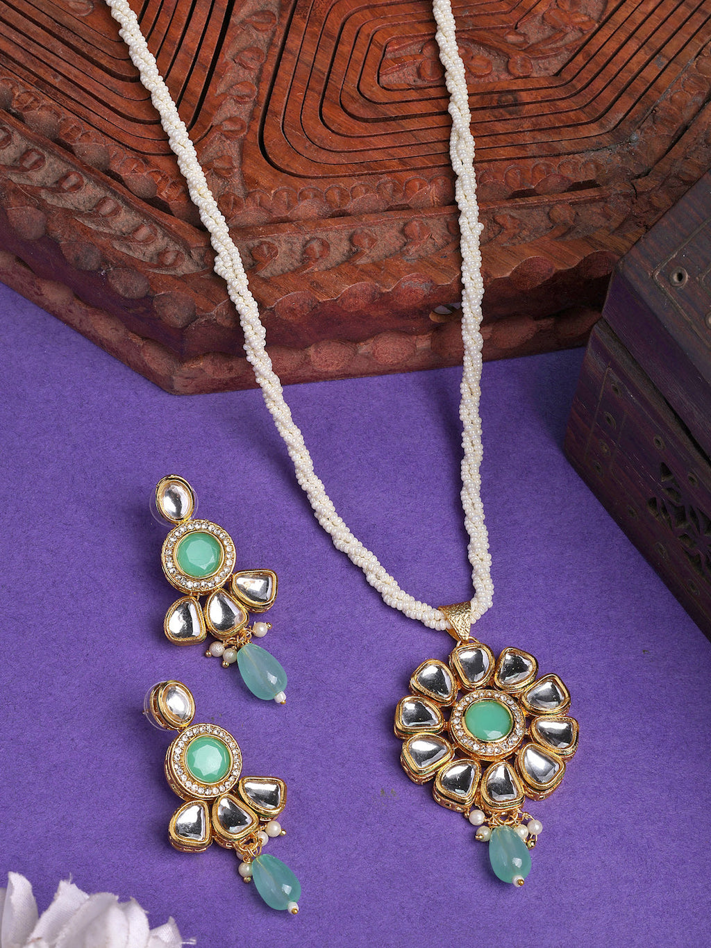 NVR Women Green Stones with Kundan Studded Long Jewellery Set