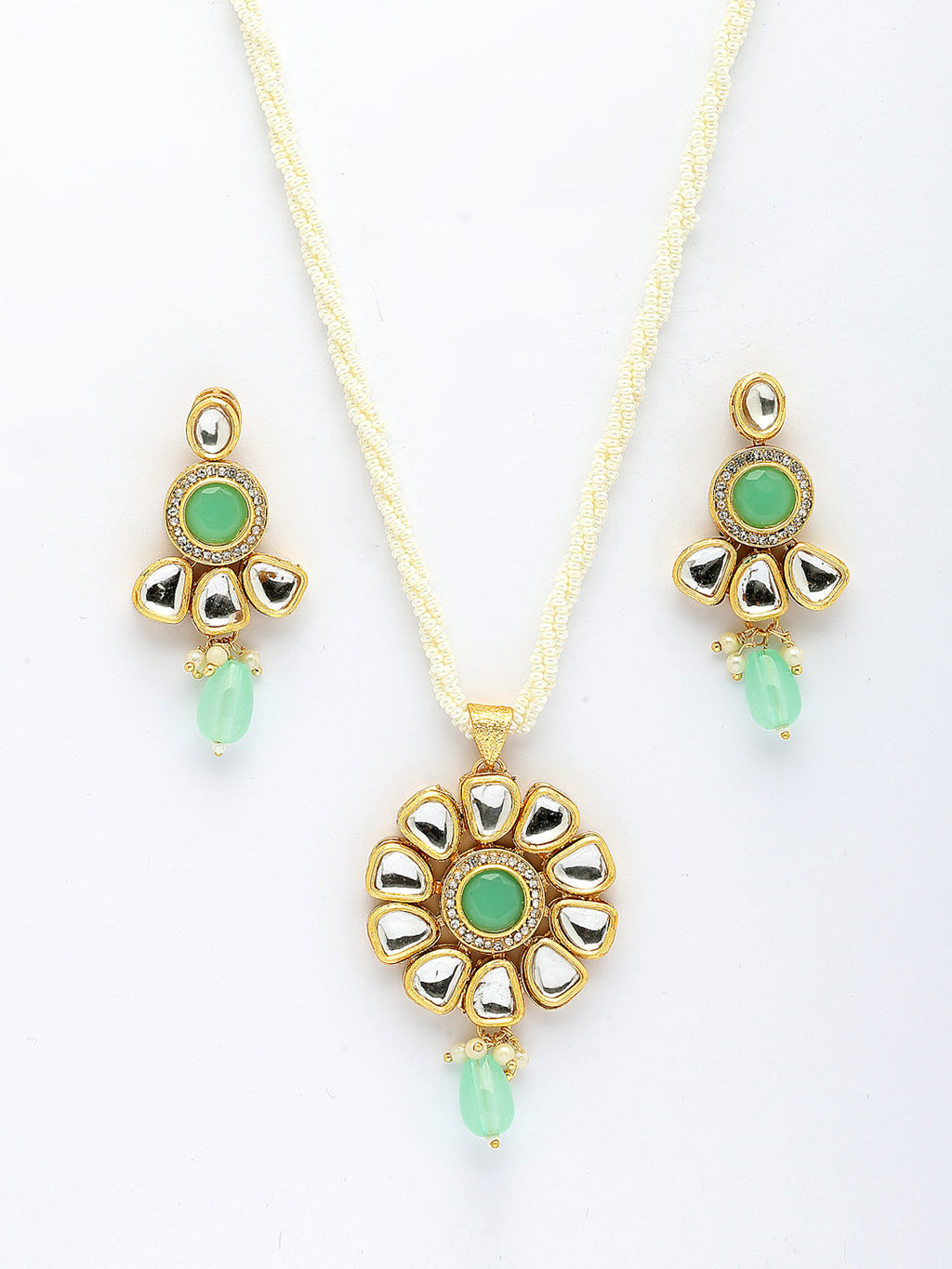 NVR Women Green Stones with Kundan Studded Long Jewellery Set