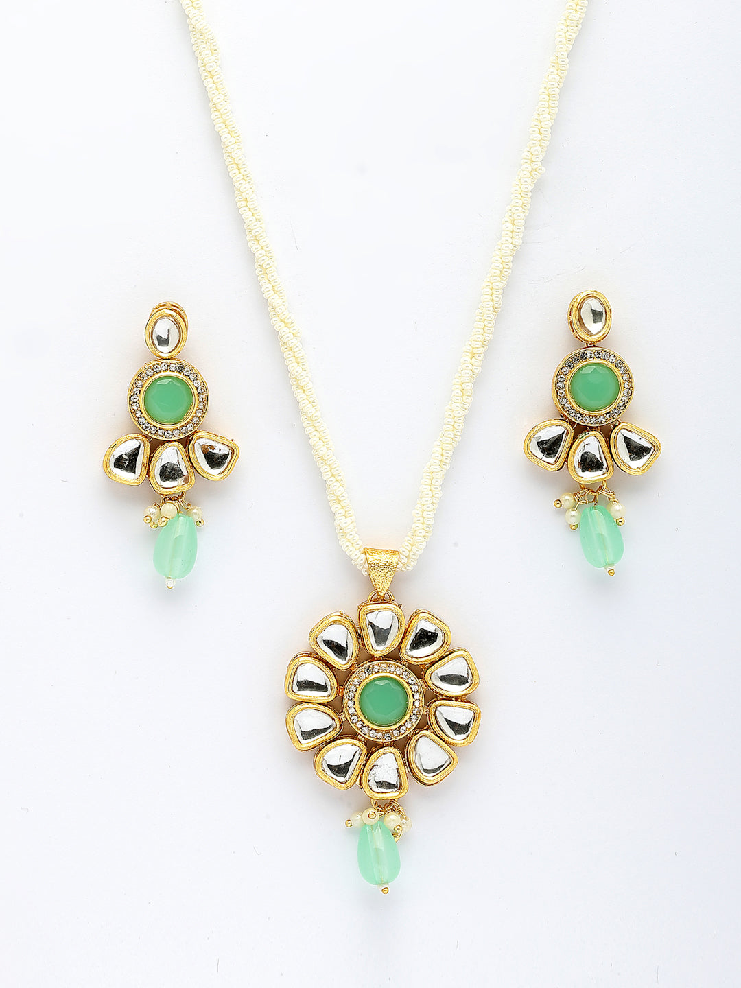 NVR Women Green Stones with Kundan Studded Long Jewellery Set