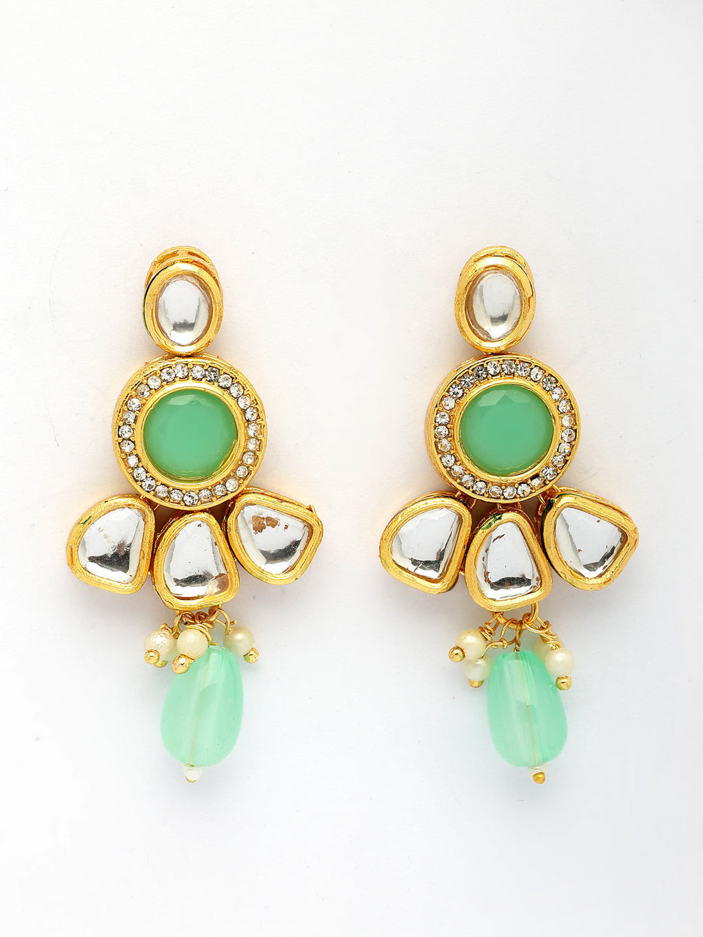 NVR Women Green Stones with Kundan Studded Long Jewellery Set