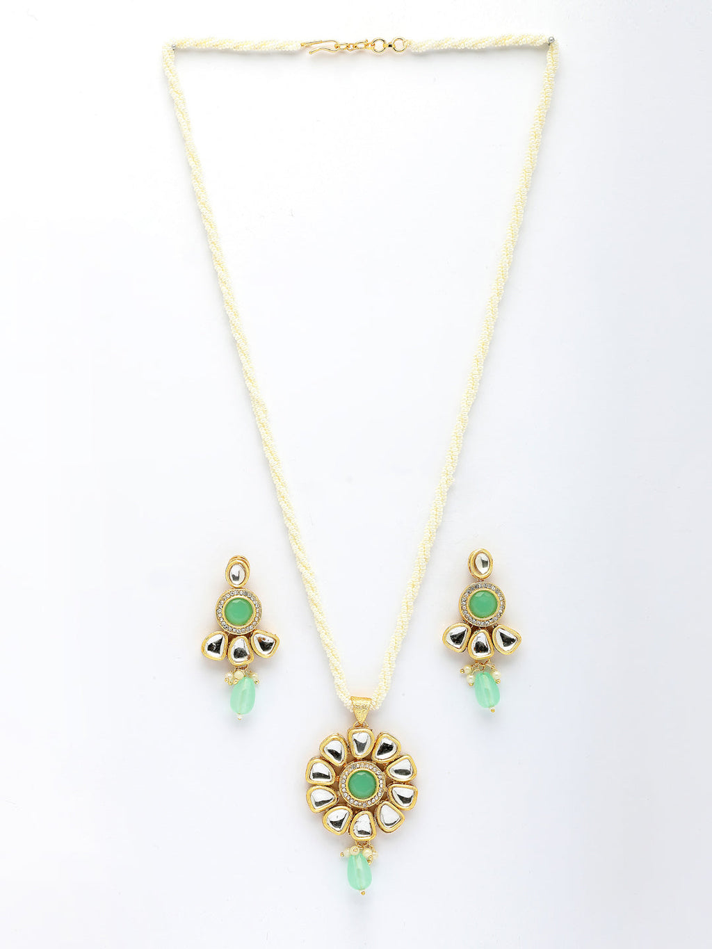 NVR Women Green Stones with Kundan Studded Long Jewellery Set
