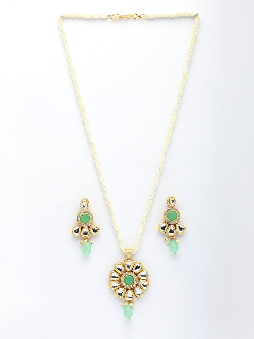 NVR Women Green Stones with Kundan Studded Long Jewellery Set