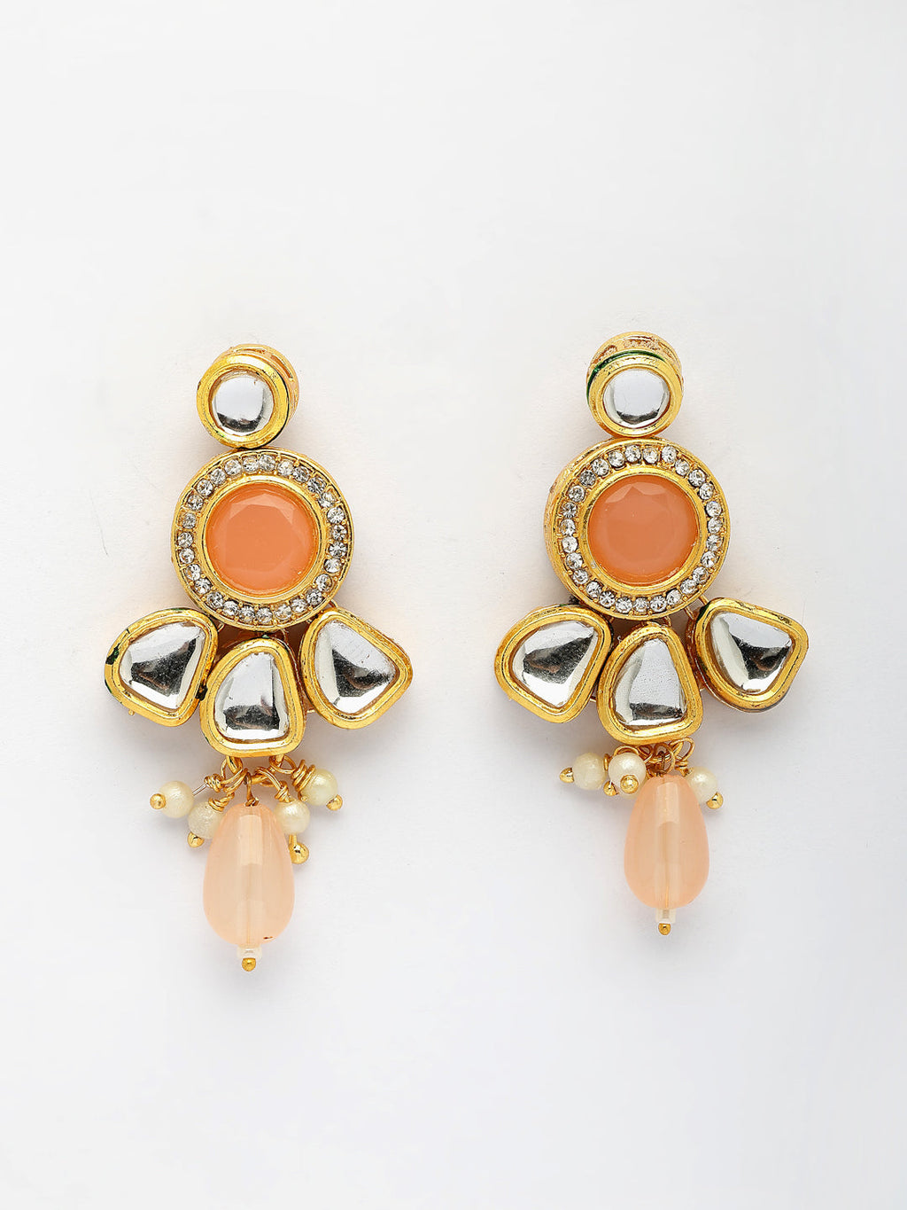 NVR Women Peach Stones with Kundan Studded Long Jewellery Set