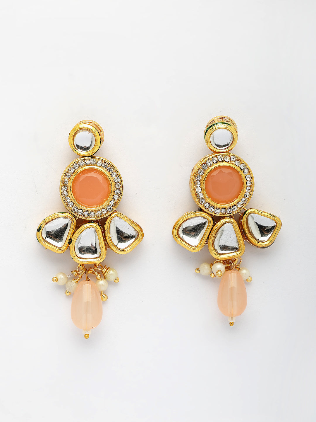 NVR Women Peach Stones with Kundan Studded Long Jewellery Set
