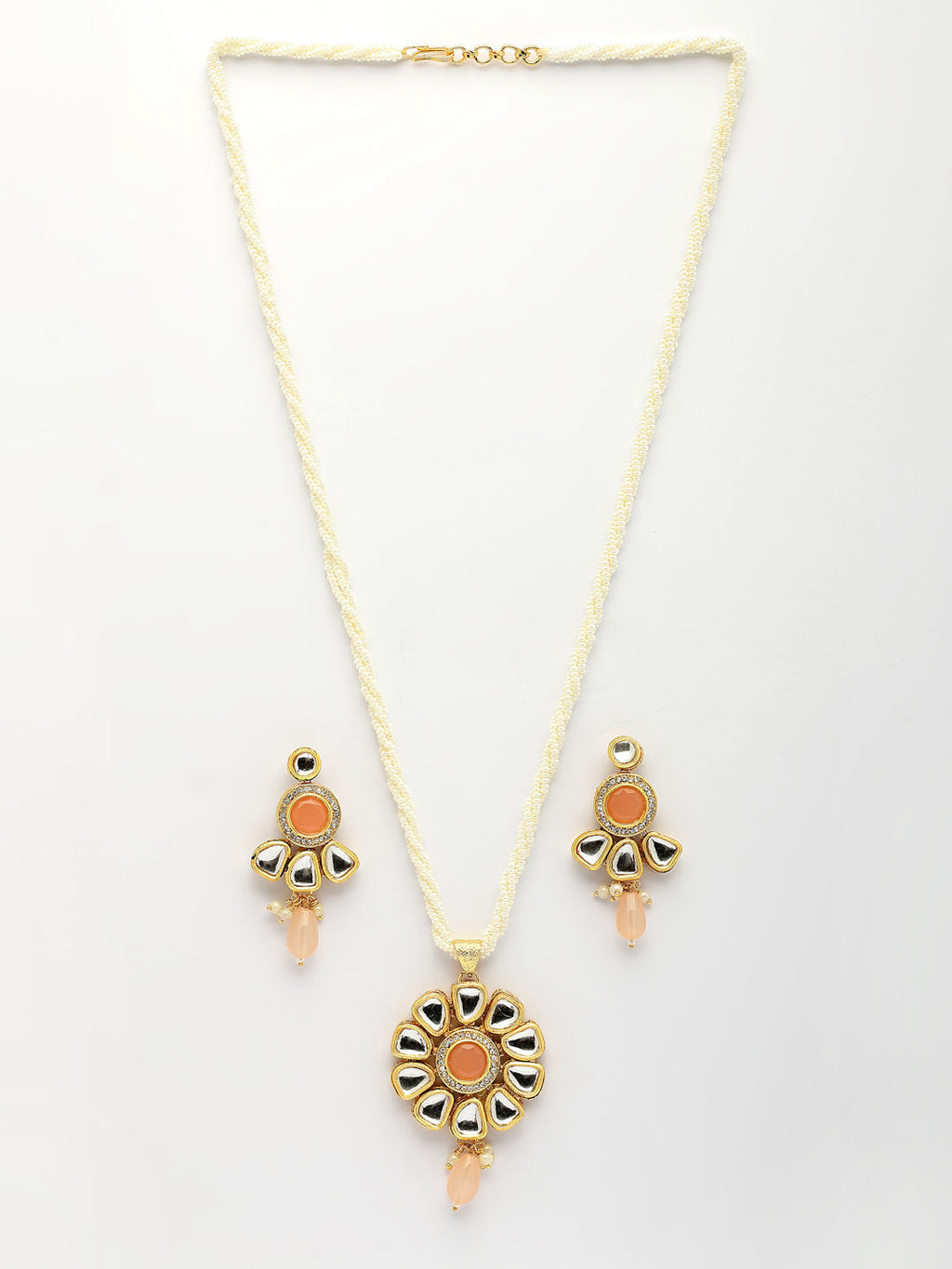 NVR Women Peach Stones with Kundan Studded Long Jewellery Set