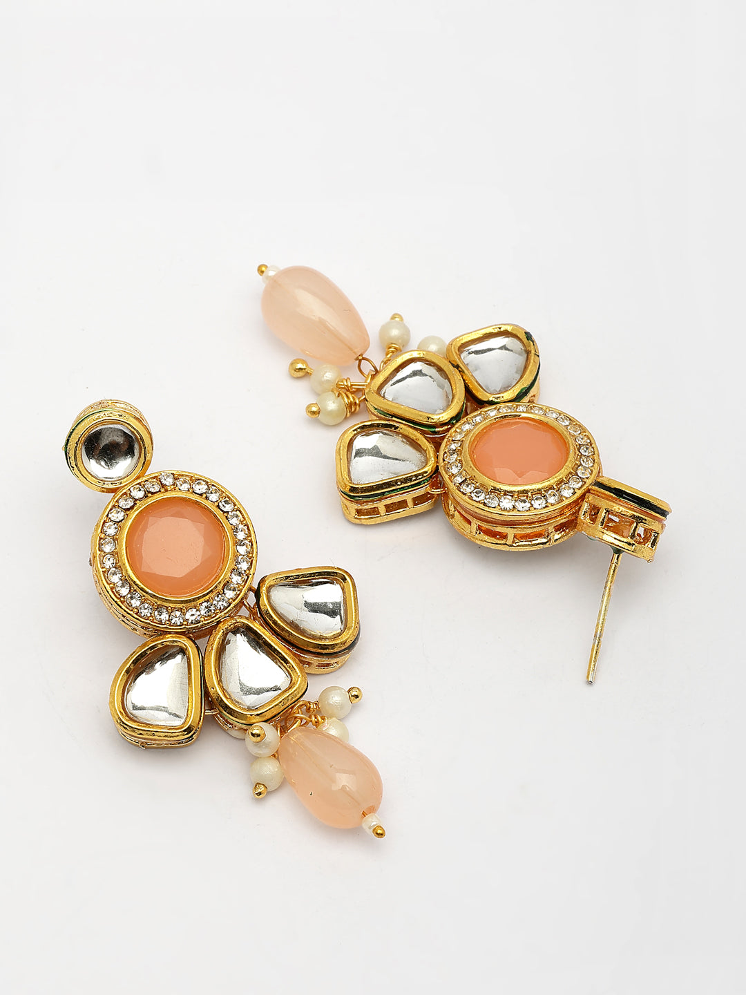 NVR Women Peach Stones with Kundan Studded Long Jewellery Set