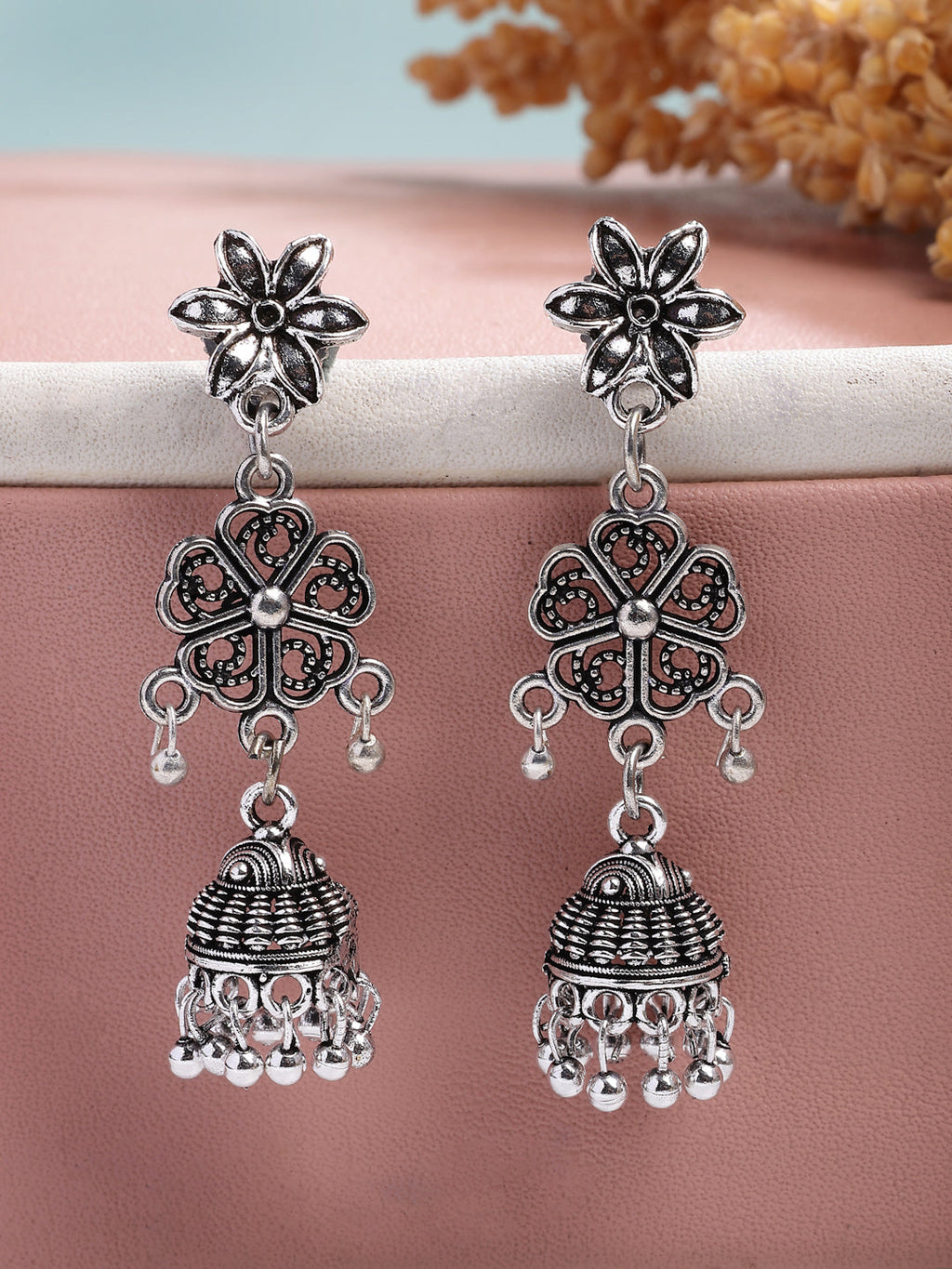 NVR Women Silver Toned Oxidized Floral Design Jhumka Earrings - Distacart