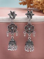 NVR Women Silver Toned Oxidized Floral Design Jhumka Earrings - Distacart