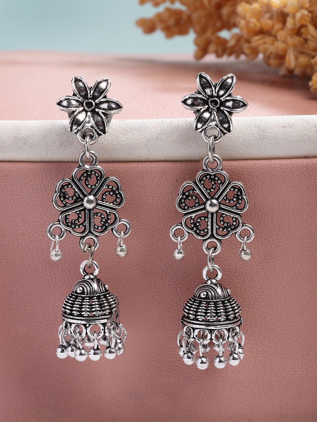 NVR Women Silver Toned Oxidized Floral Design Jhumka Earrings - Distacart