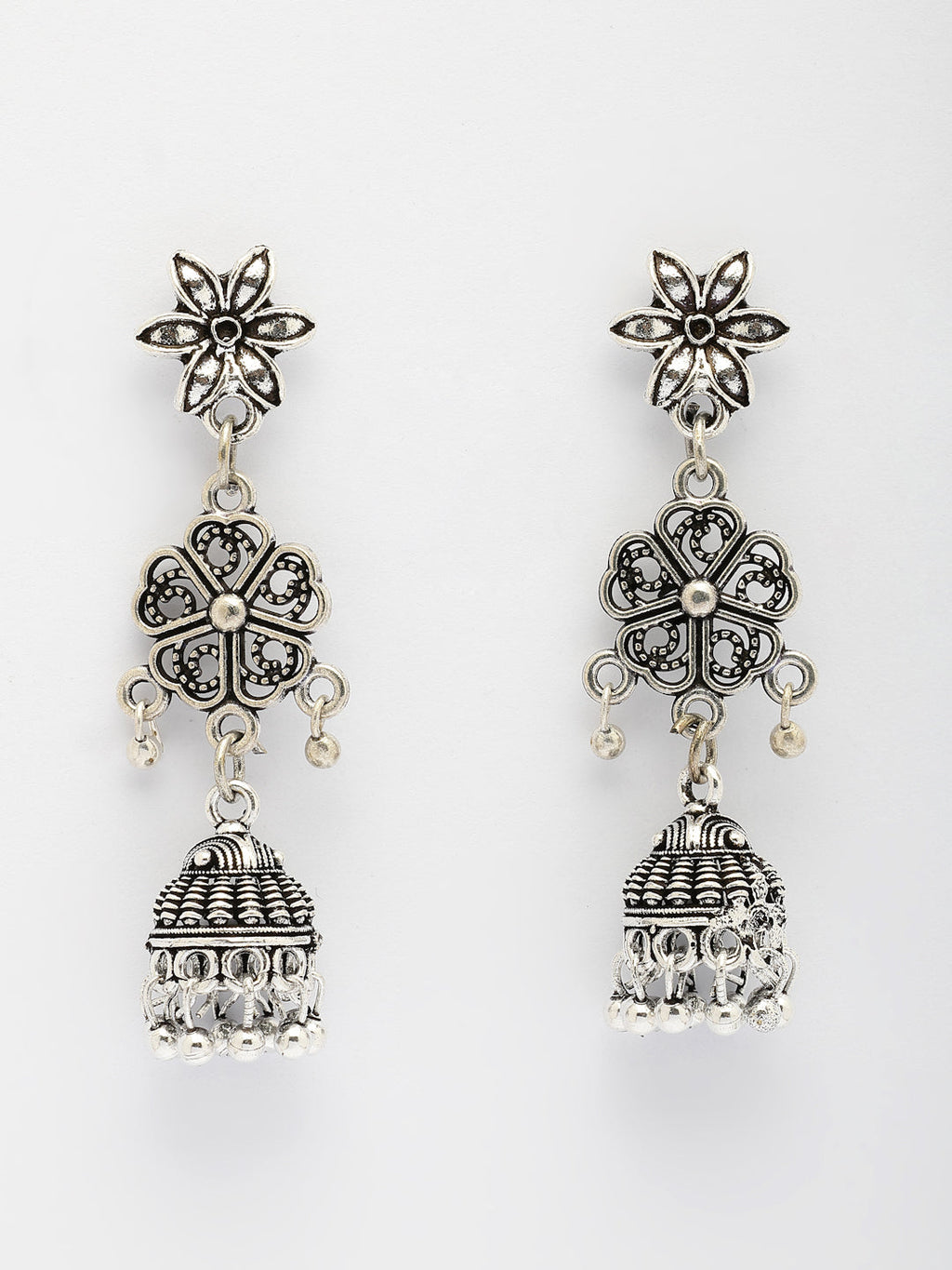 NVR Women Silver Toned Oxidized Floral Design Jhumka Earrings - Distacart