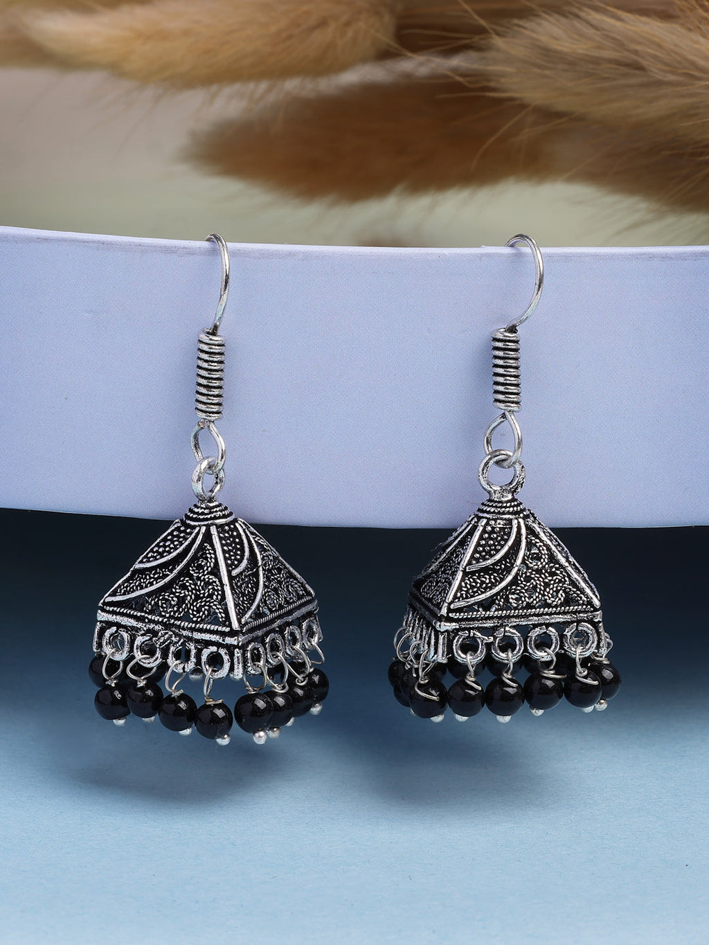 NVR Women's Oxidized Silver Plated Black Artificial Beads Jhumka Earrings - Distacart