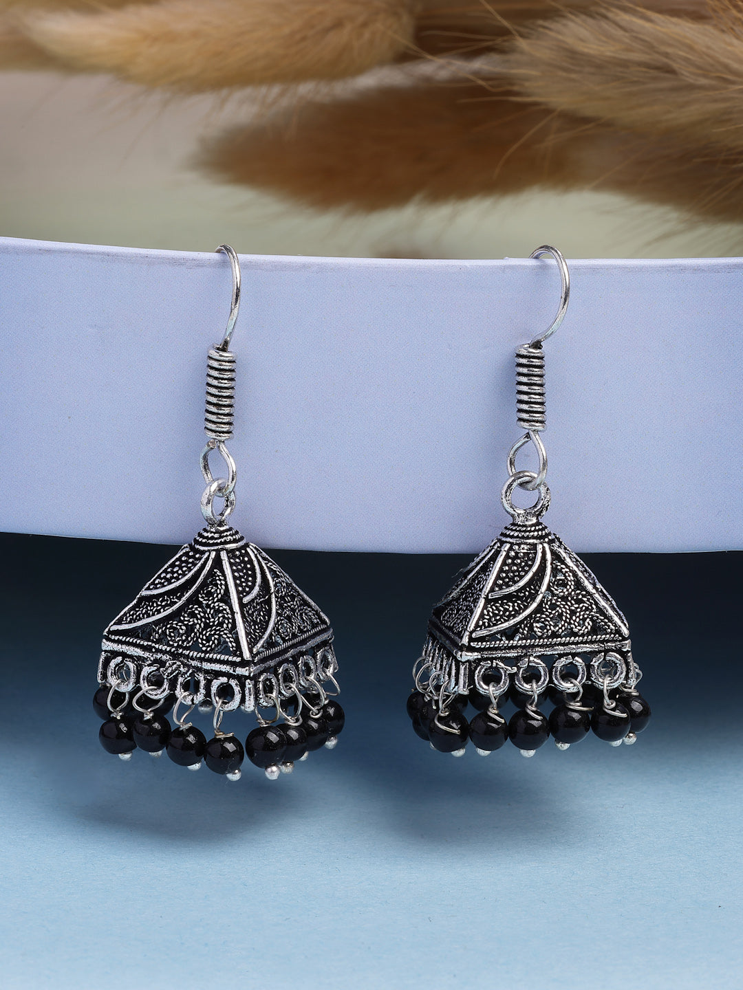 NVR Women's Oxidized Silver Plated Black Artificial Beads Jhumka Earrings - Distacart