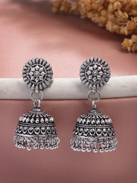NVR Women Silver Plated Traditional Oxidized Jhumka Earrings