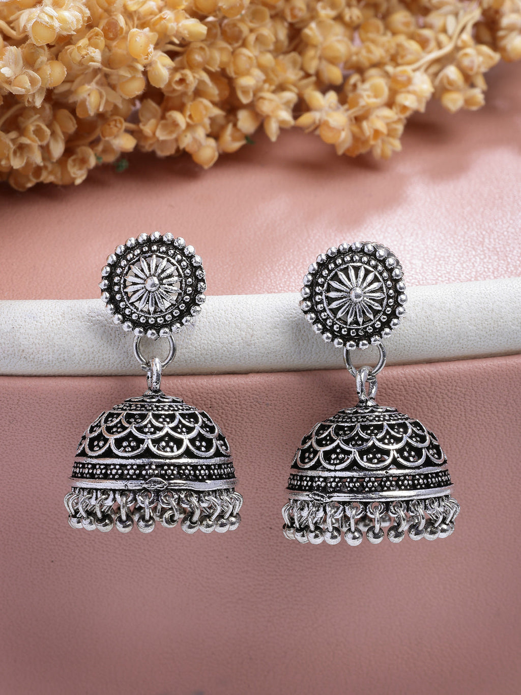 NVR Women Silver Plated Round Shape Oxidized Traditional Jhumka Earrings - Distacart