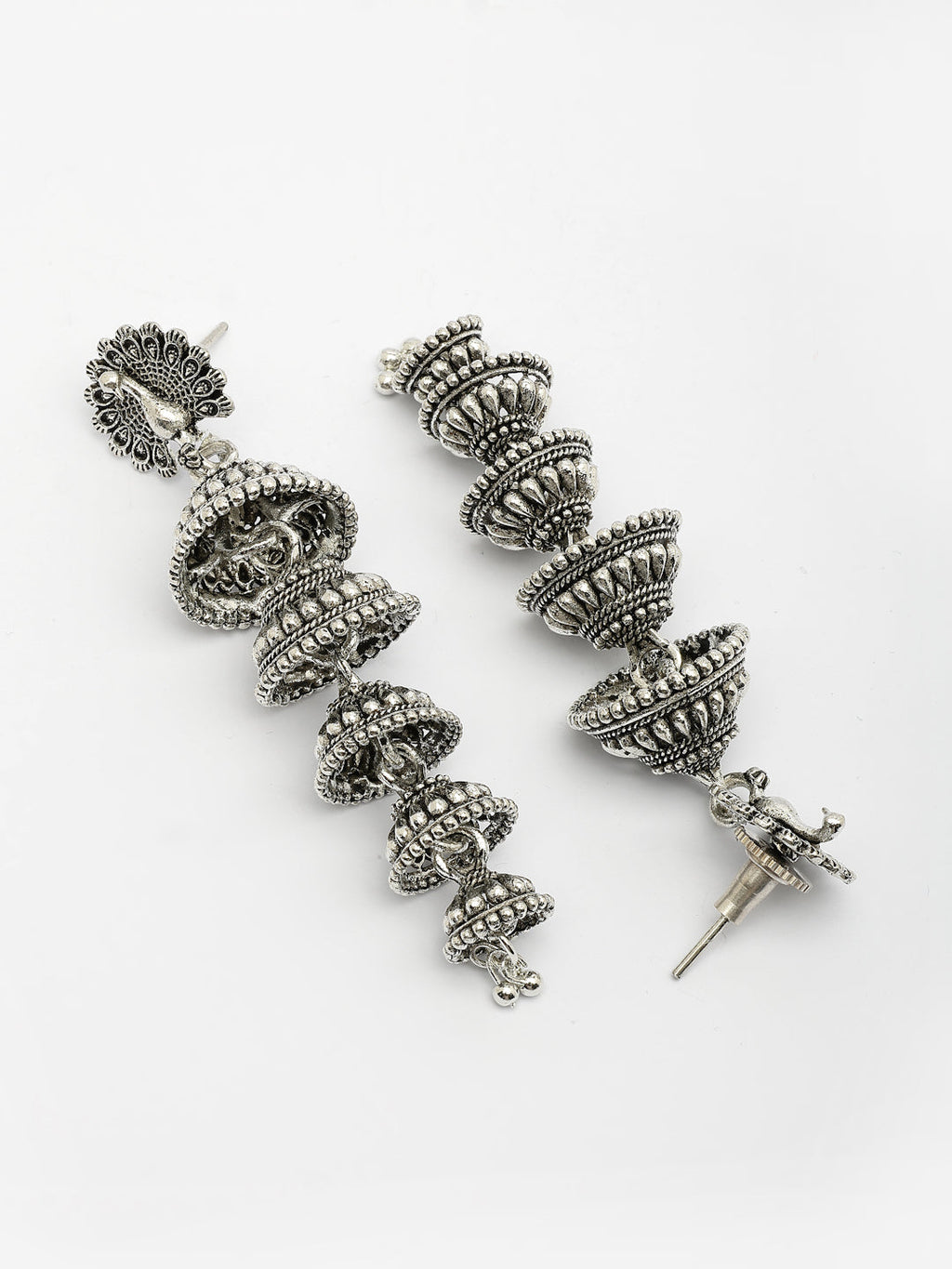 NVR Women Silver Plated Oxidized Peacock Design Layered Jhumka Earrings - Distacart