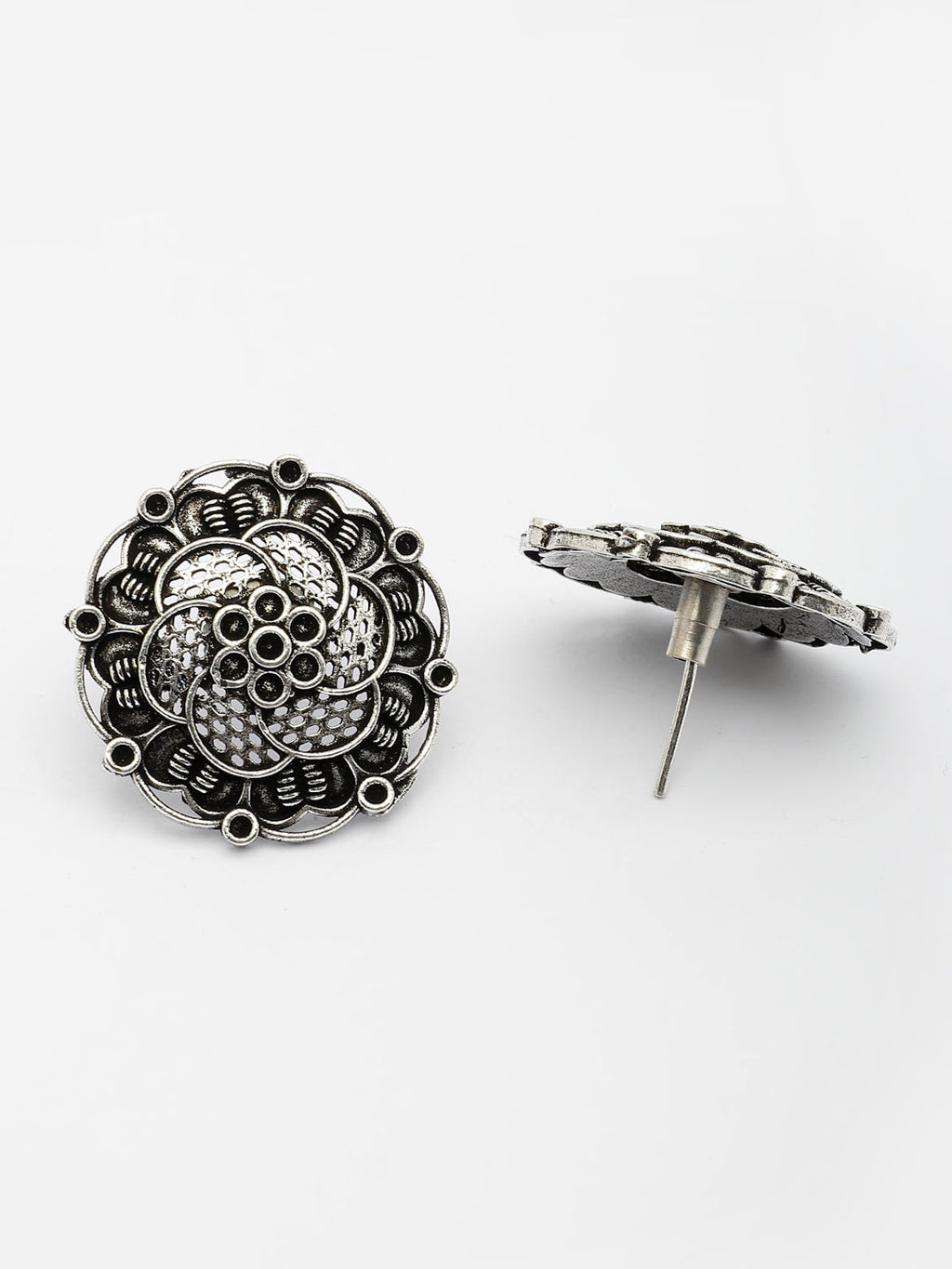 NVR Women's Silver Plated Oxidized Floral Design Stud Earrings - Distacart