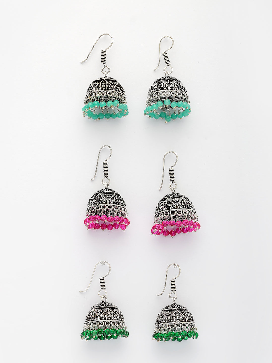 NVR Women Pair of 3 Oxidized Silver Plated Multicolor Artificial Beads Jhumka Earrings - Distacart