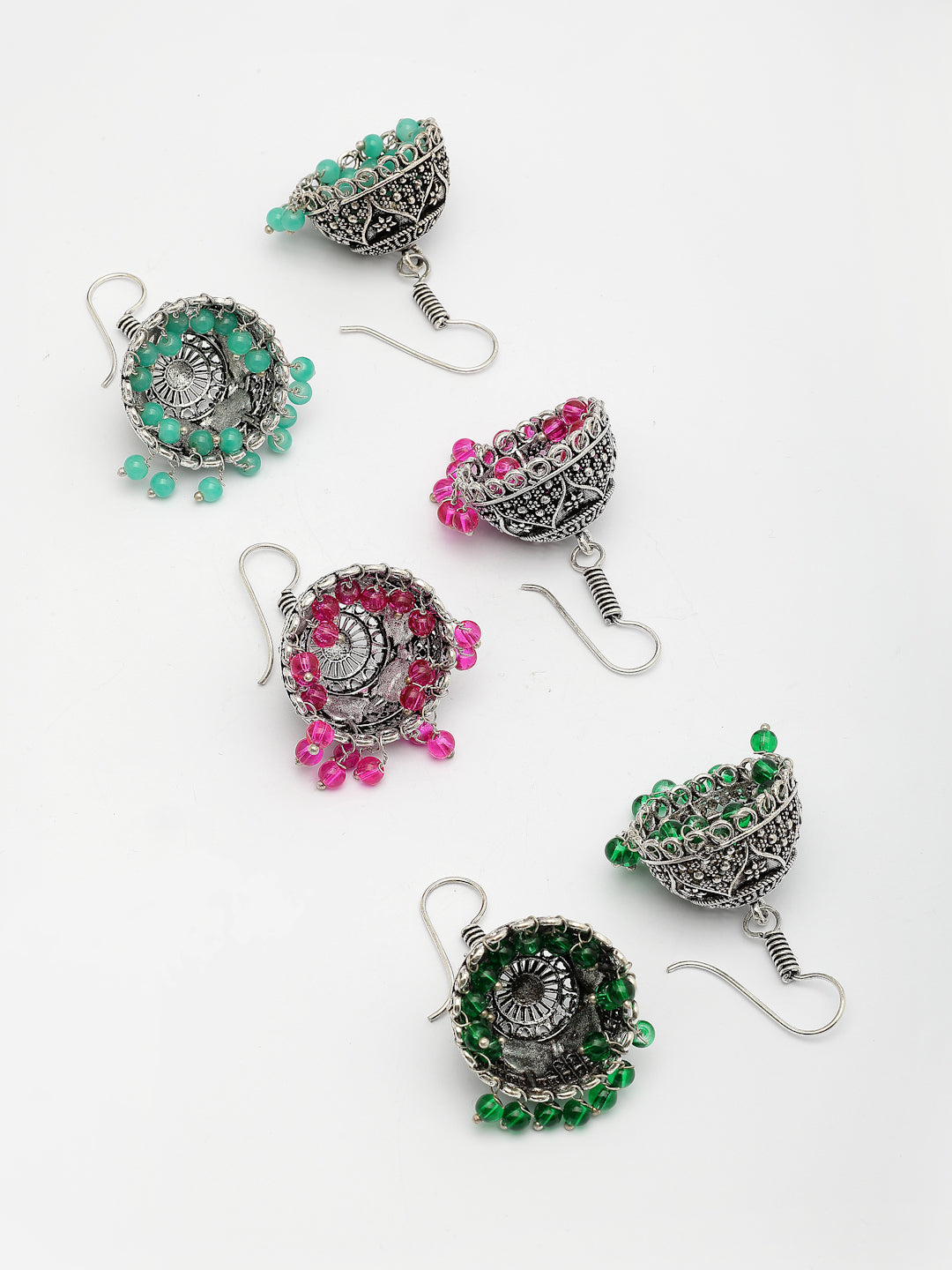 NVR Women Pair of 3 Oxidized Silver Plated Multicolor Artificial Beads Jhumka Earrings - Distacart